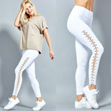 Women High Waist Fitness Leggings Lace Up Black White Solid Trousers