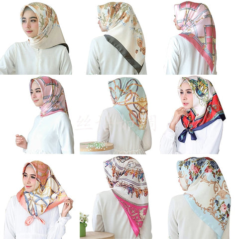 Women hijab scarf Fashion Imitation Silk Scarves large Square Muslim Scarf Printed Different Colors Lady Shawl