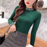Womens Sweaters Autumn and Winter Fashion Women's Sweater High ElasticTurtleneck Sweater Female Slim Letter Long Sleeve Pullover