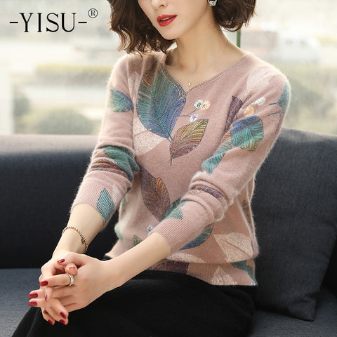 YISU Sweater Women 2019 Autumn Winter Fashion New Leaf Printed sweater Long Sleeve Loose pullover Knitted sweaters Women