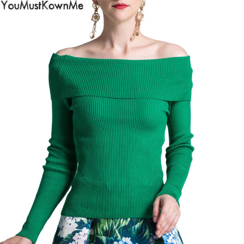 YouMustKnowMe sexy off shoulder elastic solid women pullover sweater autumn winter women christmas party jumper knitted sweater