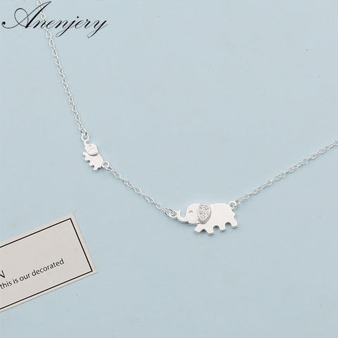 anenjery 925 Sterling Silver Necklaces For Women Cute Elephant Necklace Clavicle Chain choker collar S-N342