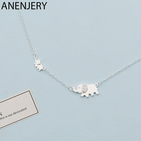 anenjery 925 Sterling Silver Necklaces For Women Cute Elephant Necklace Clavicle Chain choker collar S-N342